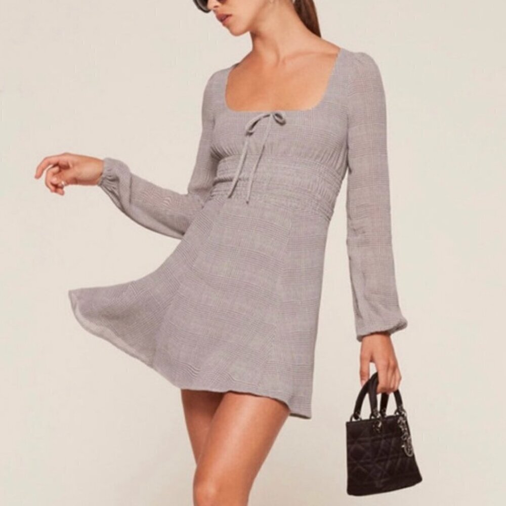 Reformation Wilder Mini Dress in Aberdeen Plaid Black White Grey Print Size 4